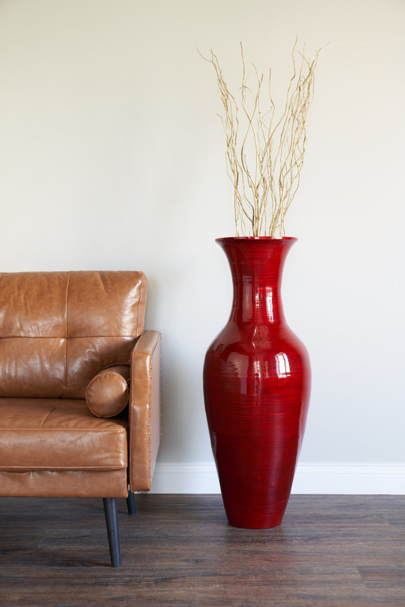 27-In Tall Classic Natural Handmade Bamboo Floor Vase -- Red