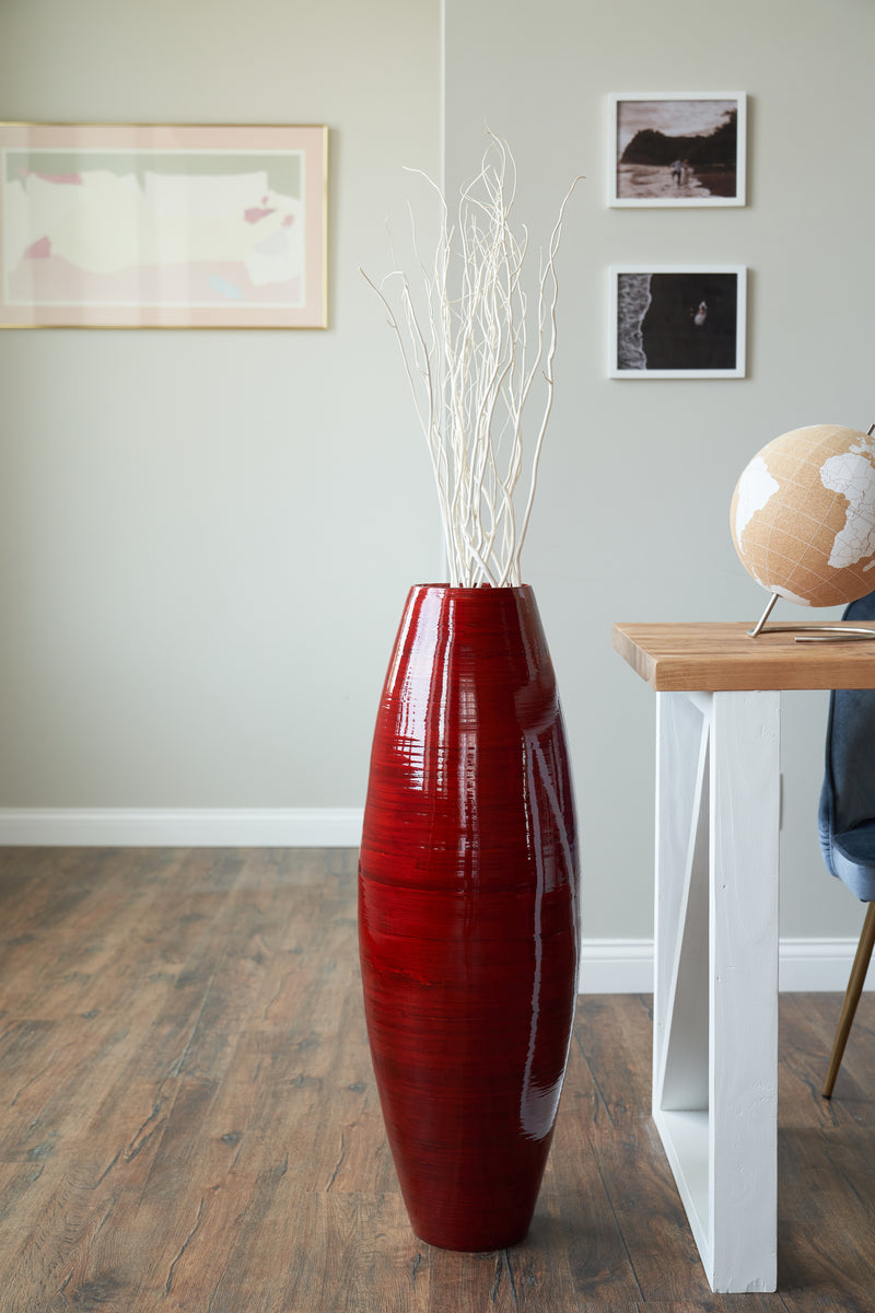 Handmade Bamboo Floor Vase - Cylinder Design in Red Oil