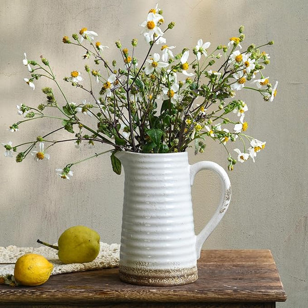 distressed vase with indoor plant Quoowiit Ceramic Rustic Vase with Handle, White Distressed Decorative Farmhouse Pitcher Vase for Home Decor Living Room Bedroom Kitchen Office Shelf
