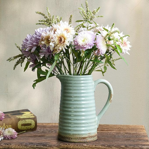 distressed vase with indoor plant Quoowiit Ceramic Rustic Vase with Handle, Green Distressed Decorative  Farmhouse Pitcher Vase for Home Decor Living Room Bedroom Kitchen Office  Shelf
