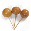 Three spherical polished dried pods mounted on sticks, with a natural brown tone.