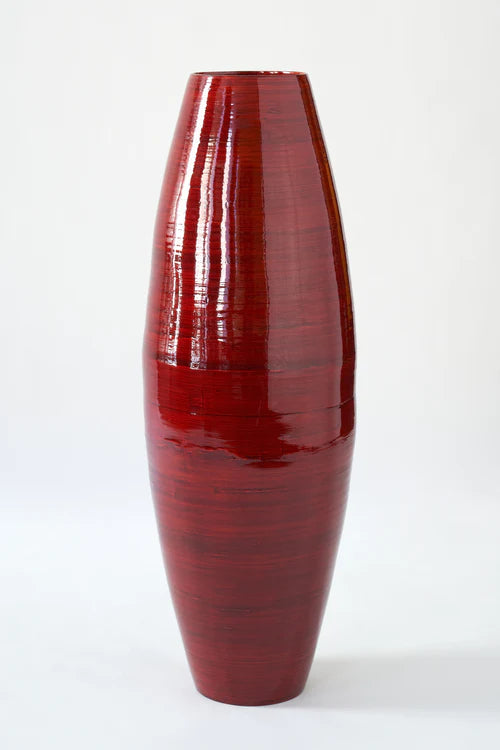 Preserved Basil Green Eucalyptus Branches in Handmade Red Bamboo Cylinder Floor Vase