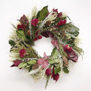 A circular wreath decoration featuring a variety of dried flowers and greenery, with prominent burgundy and green colors.