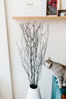 Black dried bamboo spray decorative branches arranged in a white vase with natural thin stems, wholesale bulk display.