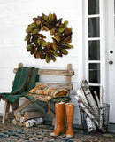 30" magnolia leaf wreath with natural green and brown dried leaves, perfect for wholesale bulk decor.