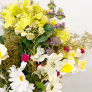 Dried natural hydrangeas and daisies bouquet with yellow, white, and purple flowers for wholesale bulk arrangements.