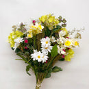 A bouquet of dried hydrangeas and daisies with a mix of other silk and air-dried flowers, predominantly in shades of white, yellow, and green.
