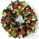 22" dried natural gold and green holiday celosia wreath with red flower accents, wholesale bulk quality.