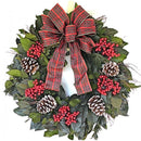 22-inch dried natural wreath with pinecones, red berries, and a plaid bow, wholesale bulk option.
