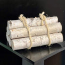 Bundle of six dried natural white birch firewood logs tied with rustic rope for wholesale bulk use.