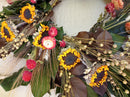 17" dried Autumn Sunrise wreath with natural orange and red flowers, bulk wholesale decor.