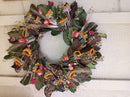 17" dried natural autumn wreath with leaves, berries, and small flowers, ideal for wholesale and bulk sale.