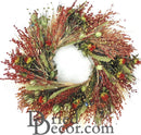 22-inch natural dried flower wreath with red berries, wheat, and green pods, wholesale bulk bird feeder decor.