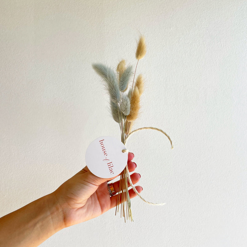 Hand holding a small bouquet of dried grasses with a tag on a plain background