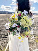 Dried natural hydrangeas and daisies bouquet held outdoors, perfect for wholesale bulk arrangements.