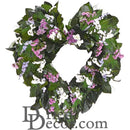 22-inch heart wreath with dried natural green leaves and small purple and white flowers, wholesale bulk decorative piece.