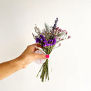 Hand holding a small bouquet of purple and green flowers against a white background
