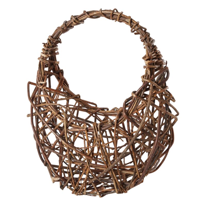 A natural brown vine basket with a braided and knotted design, suitable for floral arrangements.