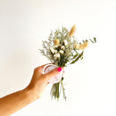 Hand holding a small bouquet of flowers against a white background