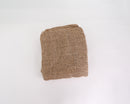 Natural tan burlap jute cloth folded, textured loosely woven fabric, bulk wholesale pack visible.