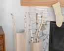 Natural dried white birch poles in bulk, displayed in wooden vases by fireplace mantel.