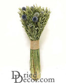 Dried natural Echinops and oats bouquet with light green stems and blue globe flowers bundled with jute wrap, wholesale bulk .