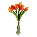 Bundle of eight 10" natural dried tulips with green stems tied with twine for wholesale bulk sale.