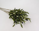 A bundle of artificial olive branches with green and burgundy leaves and fruits on a white background.