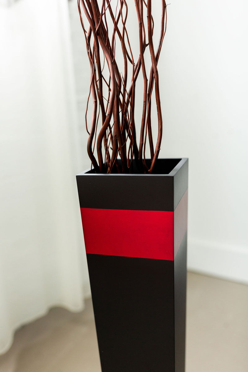 Tapered Wood Floor Vase - Red Accent