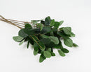 A bunch of artificial green eucalyptus leaves on stems against a white background