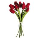Bundle of eight dried natural red tulips with green stems, tied with white ribbon, wholesale bulk set.