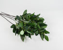 A bunch of artificial seeded eucalyptus stems with green and burgundy leaves on a white background.