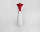 Bright red dried floral button flowers in tall white ceramic vase on white background.