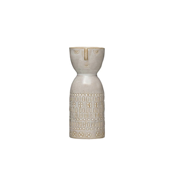 Embossed Face Stoneware Vase