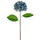 Two tone blue hydrangea spray with natural green leaves, dried floral stem for wholesale bulk arrangements.