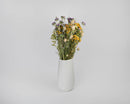 Dried natural flower bouquet with yellow and purple blooms in white vase, wholesale bulk arrangement.