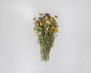 Bulk dried natural flower bouquet with yellow, white, and purple blooms and green stems.