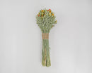 Bundle of dried safflower flowers in light green, yellow, orange, and red, tied with natural twine for bulk wholesale sale.