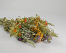 Bulk dried vintage flower bouquet with natural orange, yellow, and purple blooms in wholesale bunches.