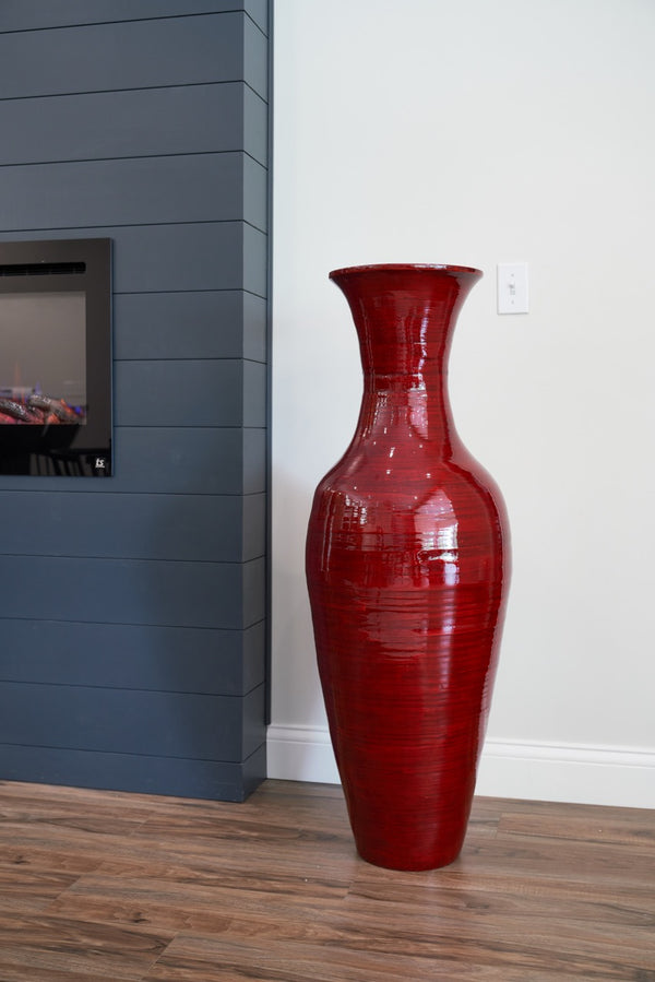 47-In Tall Classic Natural Handmade Bamboo Floor Vase -- Red