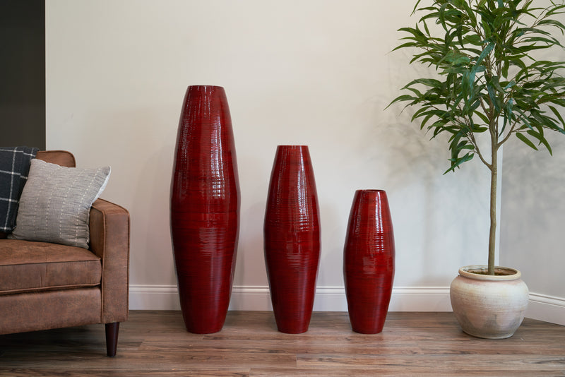 Handmade Bamboo Floor Vase - Cylinder Design | Red