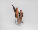 Bulk dried natural driftwood pieces in brown and beige tones inside a clear glass container.
