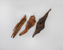 Three dried natural driftwood pieces in brown and beige tones, wholesale bulk decor branches.