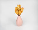 Dried natural Protea Repens bunch in yellow tones arranged in a pink matte vase, wholesale bulk decor.
