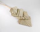 Dried natural palm fronds in bulk with fan-shaped leaves in a light beige color.