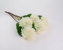 A bundle of white artificial hydrangea stems with green leaves on a white background.