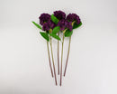 Set of 12 dried hydrangea stems in deep eggplant purple with green leaves, natural bulk wholesale.