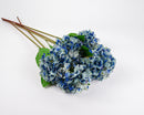 A artificial hydrangea spray with multiple stems featuring two-tone blue flowers and green leaves, displayed against a white background.