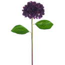 21.5" dried hydrangea spray in eggplant with natural green leaves for wholesale bulk arrangements.