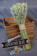 Bundle of dried light green Echinops oats with blue thistles tied with natural twine, wholesale bulk display.